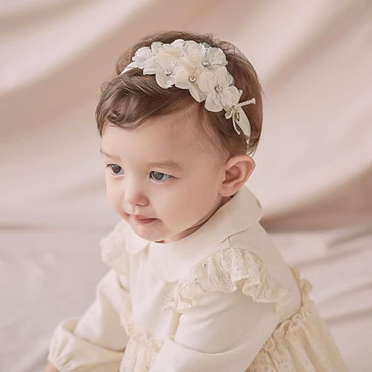 Baby Girl Headband White Lace Hairband Elastics Flower Head Wrap Hair Accessories Gift for Newborn Infant Toddlers Kids Baptism Shower Gift Birthday Wedding Party (Style 3)
