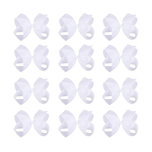 DEEKA 12 PCS 6" Big Hand-made Grosgrain Ribbon Hair Bow Alligator Clips Hair Accessories for Little Teen Toddler Girls - White