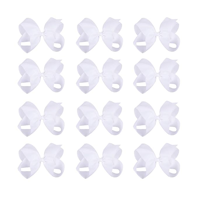 DEEKA 12 PCS 6" Big Hand-made Grosgrain Ribbon Hair Bow Alligator Clips Hair Accessories for Little Teen Toddler Girls - White