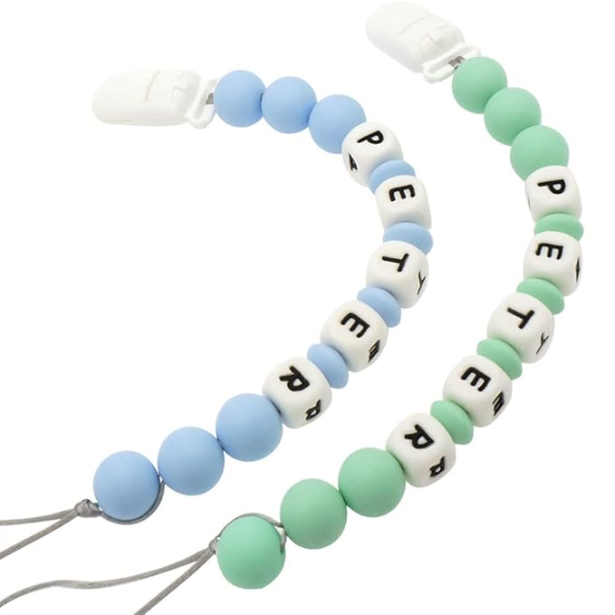Personalized Pacifier Clip with Name, Customizable Pacifier Clip (2 Pack) (Baby Blue + Mint Green)
