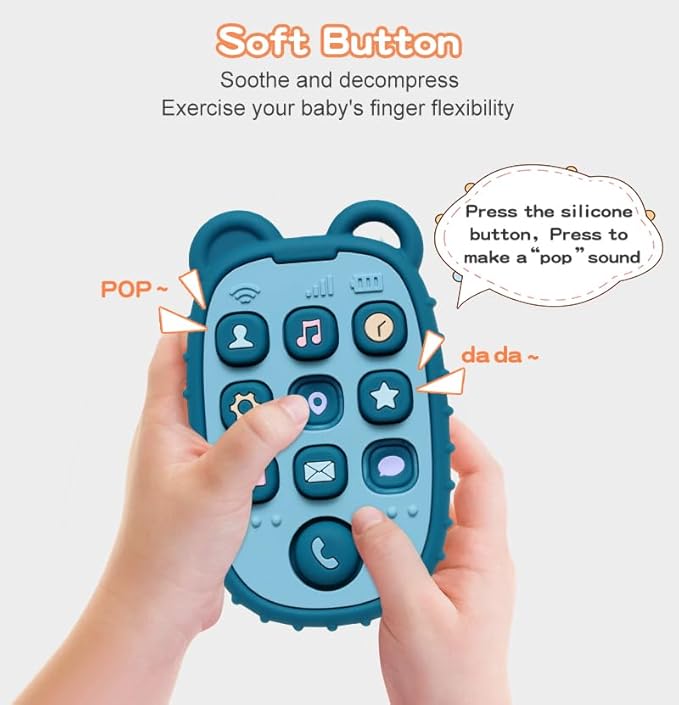 HippoBaby 2-Pack Silicone Teethers – Remote Control & Phone Teething Toys with Popper Buttons, BPA-Free, CPC Certified Baby Essentials for Infants & Toddlers (Remote/Phone - Dark Blue/Grey)