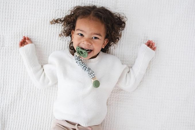 Muslin Cotton - Metal-Free Pacifier Clips, Lightweight and Secure Pacifier Holder for Babies (Olive Graine) - Mila & Lulu
