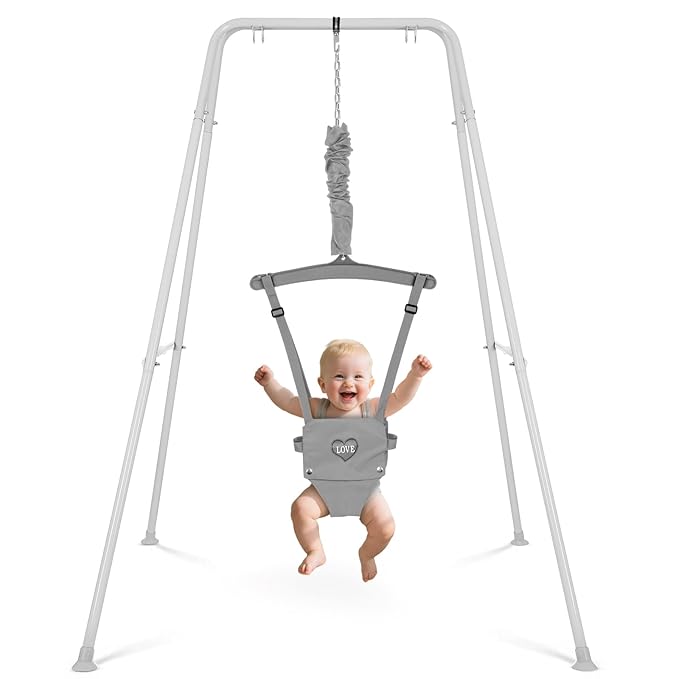 Baby Jumper with Stand, Infant Jumper with Adjustment Strap, Indoor/Outdoor Toddler Swing Set, Baby Jumpers and Bouncers for Boys Girls 6-24 Months, Easy to Assemble & Store (Gray)