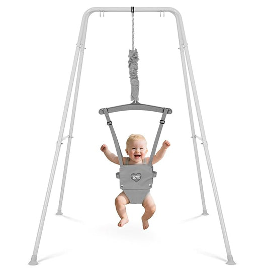 Baby Jumper with Stand, Infant Jumper with Adjustment Strap, Indoor/Outdoor Toddler Swing Set, Baby Jumpers and Bouncers for Boys Girls 6-24 Months, Easy to Assemble & Store (Gray)