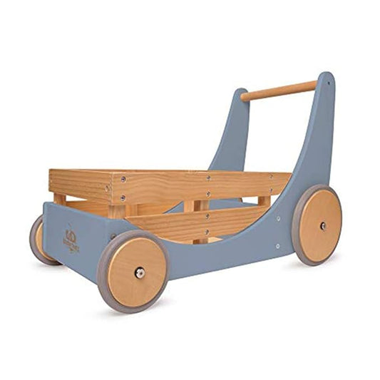 Kinderfeets 2-in-1 Wooden Cargo Walker Cart Wagon with Adjustable Rubber Wheels and Removable Basket for Children and Toddlers (Blue)