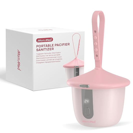 MomMed Portable Pacifier Sanitizer with Smart Display, Dual 60/180s Disinfection Modes, Auto Shut-Off, UV Pacifier Holder Case for Baby Pacifiers, Teethers, Bottle Nipples and More(Pink)