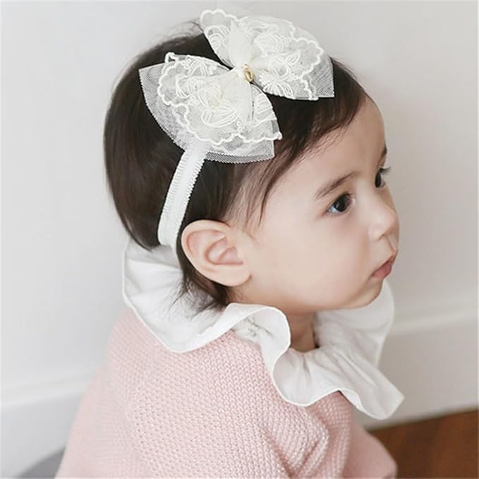 Lace Flower Bow Baby Girls Headband Pink Knot Infant Wrap Soft Chiffon Elastic Baby Turban Hair Band for Newborn Infant Toddler Kids (Ivory D)