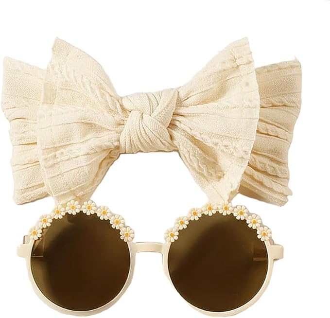 Baby Girls Soft Bows Headband and Daisy Flower Sunglasses Set Hair Bow Headwrap Hair Accessories for Toddler Infant