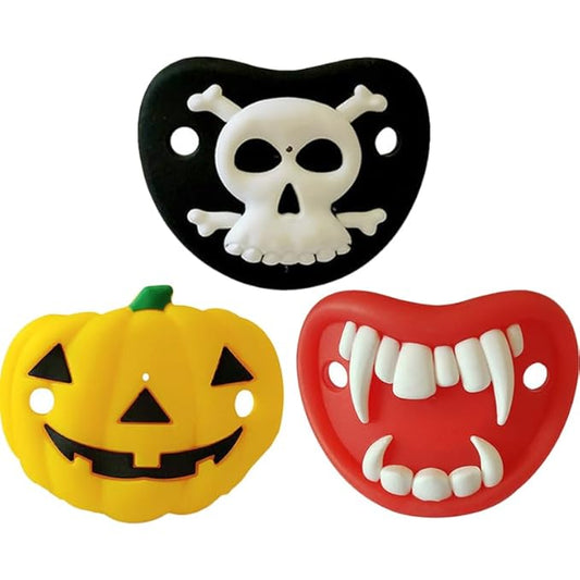 FRCOLOR 3-Pack Halloween Baby Pacifiers, Soft Silicone Pumpkin & Skull Soothers for Newborns, Funny Teething Relief Toy & Baby Shower Favors for Boys & Girls
