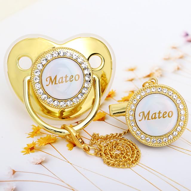 Personalized Pacifier with Name, Bling Gold Pacifier Clip Set Storage Box, Customized Halloween and Christmas Glitter Crystal Luxurious Soother Ideal Gift for Baby Shower Photography Newborn (Pink)