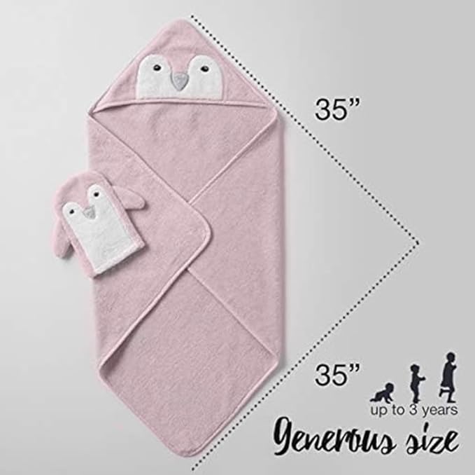 Happy & Sweet Baby Gift Set - Bamboo Viscose Hooded Penguin Bath Towel, Mitt Washcloth, and Squirt Bath Toy for Girls – Ballet Slipper Color - Bonus eBook Included