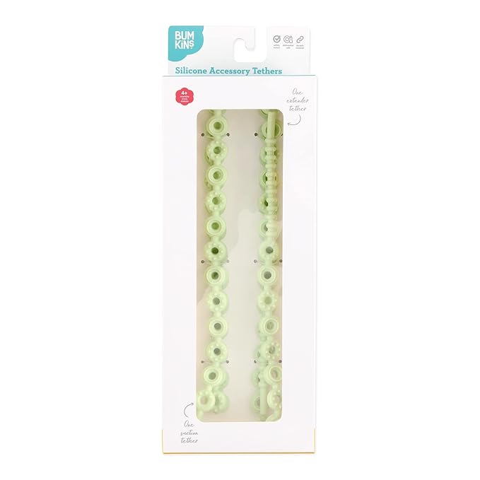Bumkins Pacifier Clip Feeding Supplies for Baby Girl or Boy, Toy Straps for Sippy Cup, Teether, Stroller Accessories, Platinum Silicone Accessory Tether Leash, Safe for Teething Babies, Sage Green