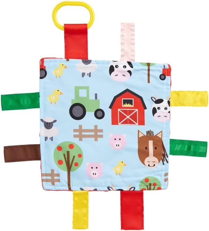 Baby Sensory Farm Animal Crinkle Tag Toy for Developing 5 Senses - Learning Shapes and Colors - Tummy Time - Travel Stroller Keepsake with BPA Free Clip for On The Go 8" x 8"