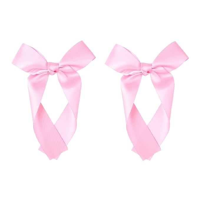 2-Pack Long Satin Ribbon Hair Bows for Girls – Elegant Silk Hair Clips for Toddlers, Infants, Teens & Kids - Pink