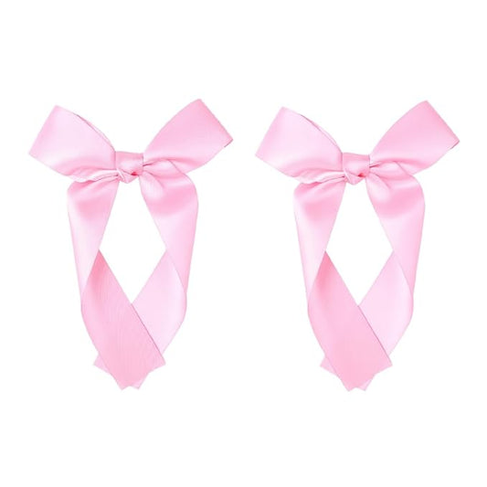 2-Pack Long Satin Ribbon Hair Bows for Girls – Elegant Silk Hair Clips for Toddlers, Infants, Teens & Kids - Pink