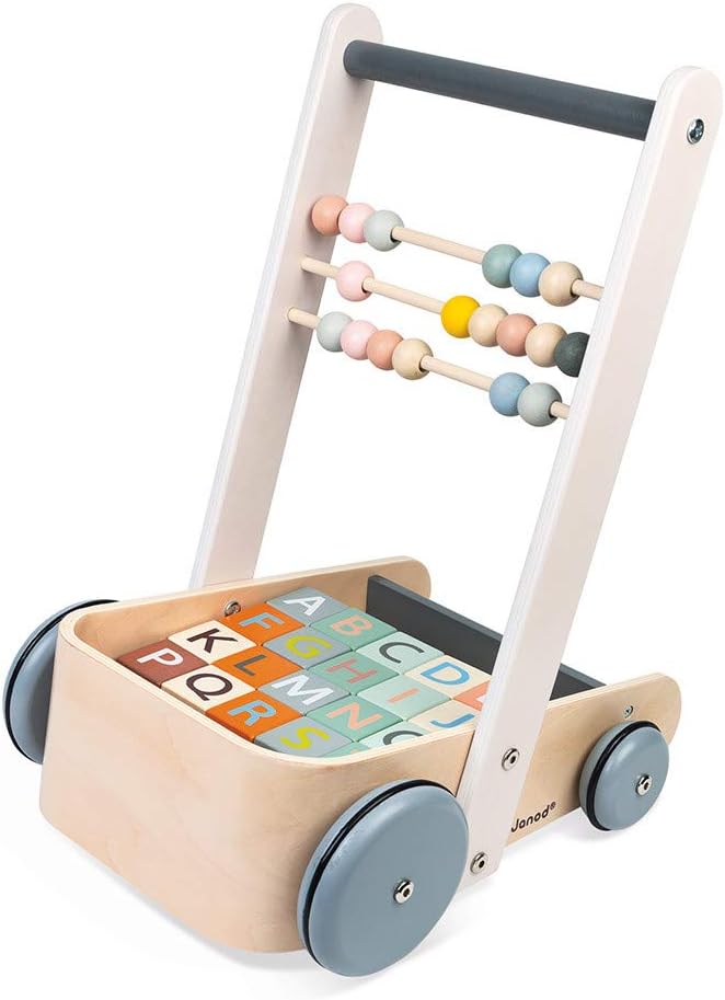 Janod Sweet Cocoon ABC Block Cart Push Toy with 20 ABC Blocks - Ages 1+ - J04408