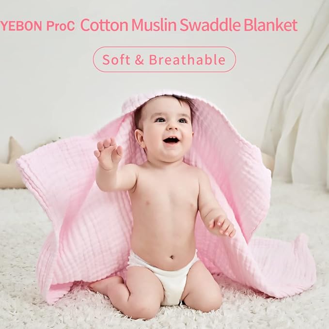 YEBON ProC 2Pcs Baby Muslin Bath Towels, Super Soft Cotton Bath Towel 6 Layers Infant Newborn Swaddle Blanket 41.3 X41.3 Inches,Baby Registry as Shower (Pink)
