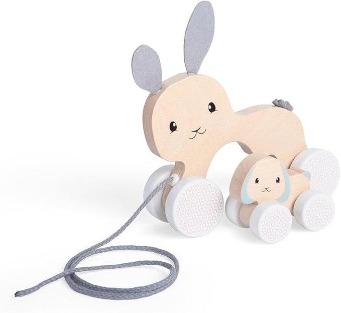 Bigjigs Toys FSC® Certified Bunny & Baby Pull Along Toy - Eco-Friendly Rabbit Pull Along with Cord & Baby Bunny Push-Along, Quality Pull Along Toys for 1 Year Olds, Wooden Baby Toys