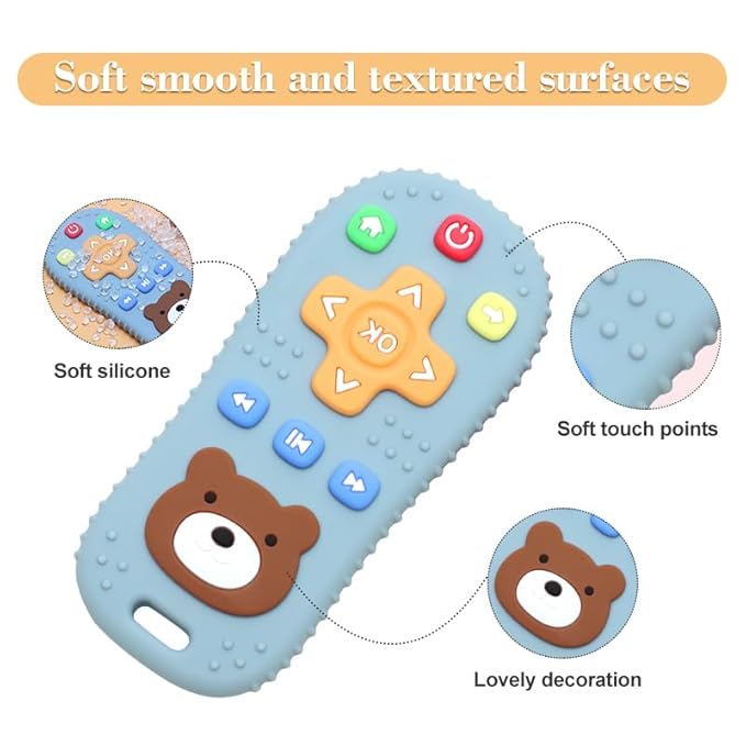 HippoBaby 2-Pack Silicone Teethers – Remote Control & Phone Teething Toys with Popper Buttons, BPA-Free, CPC Certified Baby Essentials for Infants & Toddlers (Remote/Phone - Dark Blue/Grey)