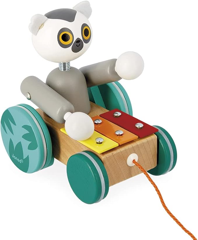 Janod - Tropik Pull-Along Lemur Xylophone - 2-in-1 Wooden Early-Learning Toy - Musical Educational Toy - Walking and Balancing - Water-Based Paint - 18 Months + J08270