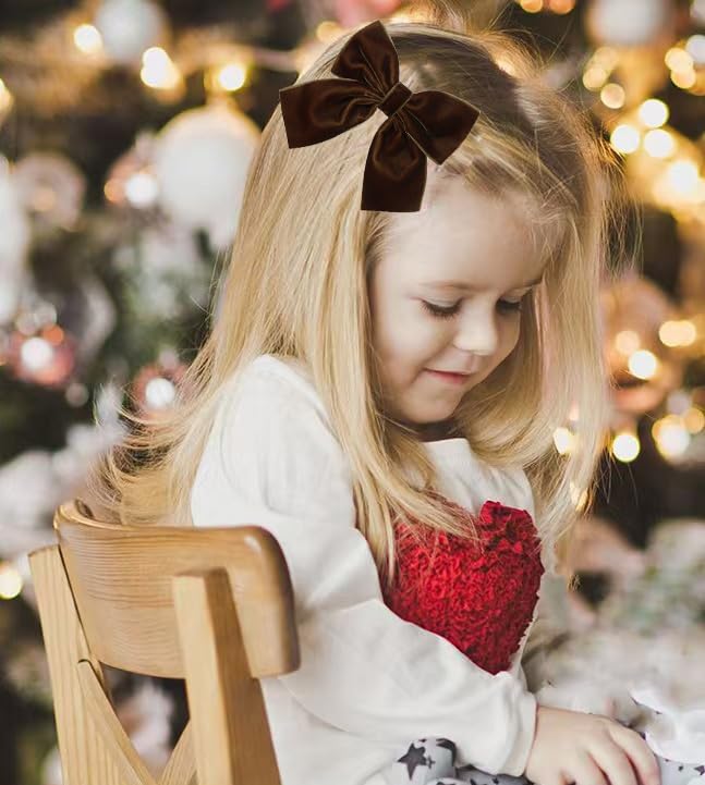 Hjiaruiky Hand-made Velvet Hair Bows Clips for Little Girls - Big Brown Bows