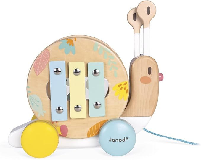 Janod Pure Pull Along Snail - Wooden 2-in1 Musical Toy - Ages 1+ - J05159