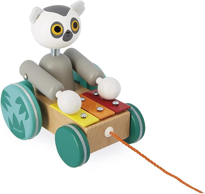 Janod - Tropik Pull-Along Lemur Xylophone - 2-in-1 Wooden Early-Learning Toy - Musical Educational Toy - Walking and Balancing - Water-Based Paint - 18 Months + J08270
