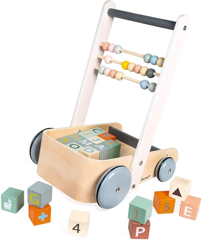 Janod Sweet Cocoon ABC Block Cart Push Toy with 20 ABC Blocks - Ages 1+ - J04408