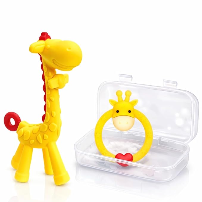 SHARE&CARE BPA Free Silicone Giraffe Baby Teether Toy with Storage Case, for 3 Months Above Infant Sore Gums Pain Relief and Baby Shower, Baby Teething Toys (Yellow)