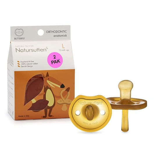 Natursutten 2-Pack Natural Rubber Pacifiers - Safe & Soft BPA-Free Pacifier for Breastfeeding Babies, Made in Italy, Butterfly Shield Orthodontic Nipple, 12-18 Months