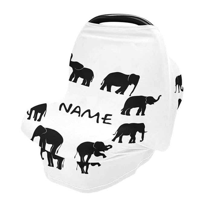 Personalized Elephant Baby Car Seat Covers with Name - Customized Nursing Cover Breastfeeding Scarf, Multi Use Infant Stroller Cover, Carseat Canopy, Shower Gift for Newborn Girls Boys