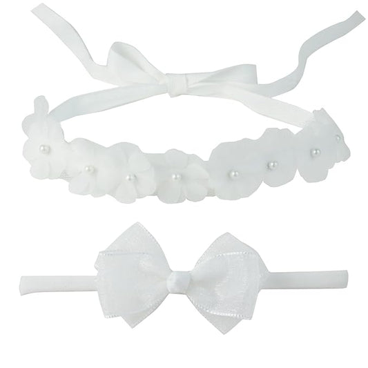Nihao Baby Baptism Headband for Baby Girl Christening Newborn girl White Headbands with Bows 2 PCS