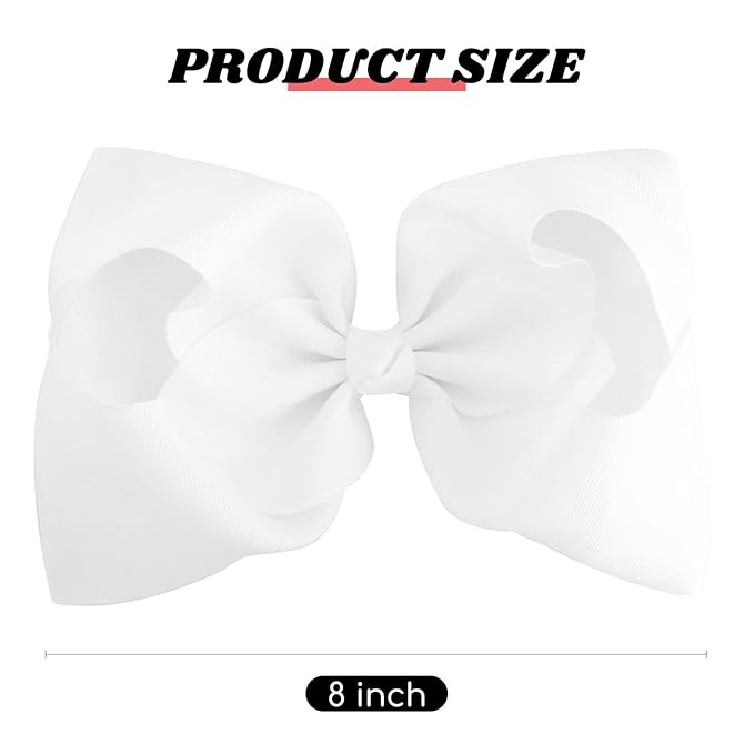 DEEKA 2 PCS 8" Big Hair Bows Hand-made Grosgrain Ribbon Solid Color Large Bows Alligator Clips Hair Accessories for Girls Set of 2 -White