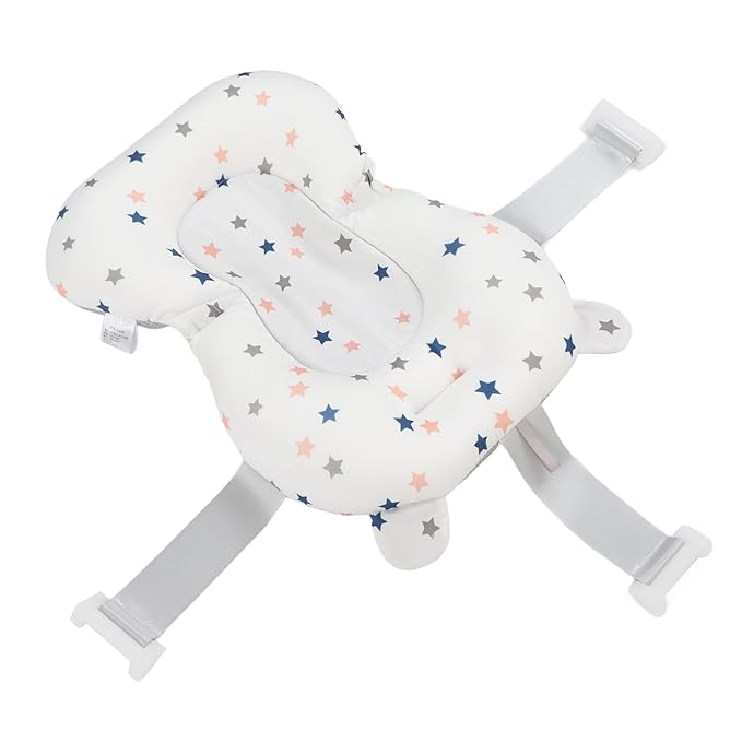Baby Bath Cushion Pad - Newborn Bathtub Mat with Infant Bath Supporter Net and Nonslip Floating Seat (White Stars)