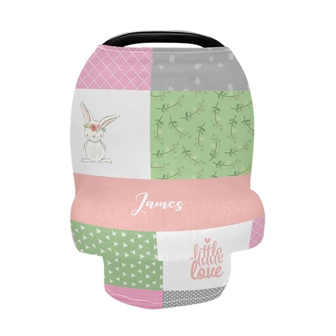Personalized Baby Car Seat with Name for Girls, Custom Cute Rabbit Car Seat Canopy, Customized Nursing Breastfeeding Cover Infant Carseat Canopies for Newborn Babies