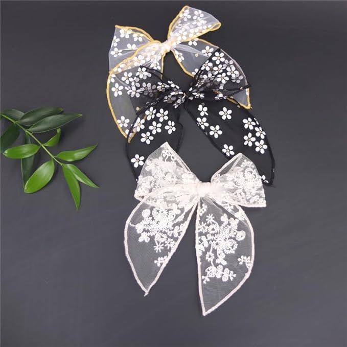 Lightweight Gauze Hair Barrettes with Lace Bows for Baby Girls, Women - Cottagecore Accessories (8 Pack Fable Bow)