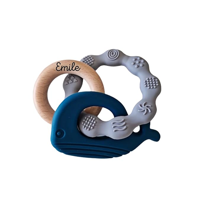 Personalized Silicone & Natural Wood Teething Ring/Rattle,Baby Teether Toys,Newborn Gift