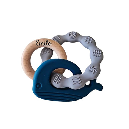 Personalized Silicone & Natural Wood Teething Ring/Rattle,Baby Teether Toys,Newborn Gift