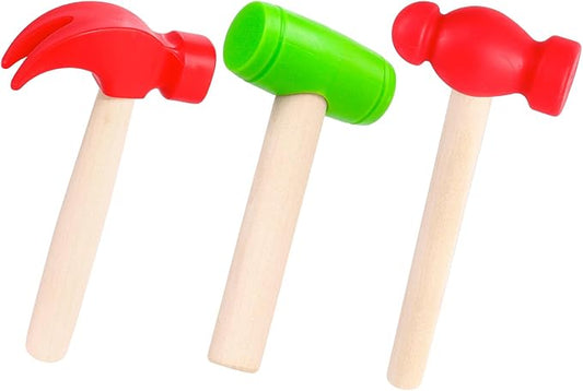 3 PCS Toy Hammers, Wooden Hammer Toys Mallets, Simulation Fake Plastic Maintenance Tools for Birthday Party Supplies