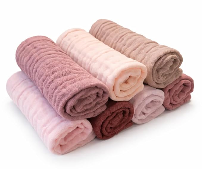 Baby Washcloths, 7-Pack, 100% Cotton Soft Absorbent, 6-Layer Muslin Wash Cloths and Face Towels, Baby Bath Essentials for Newborns, Babies and Toddlers, 12x12 inches (Pink)