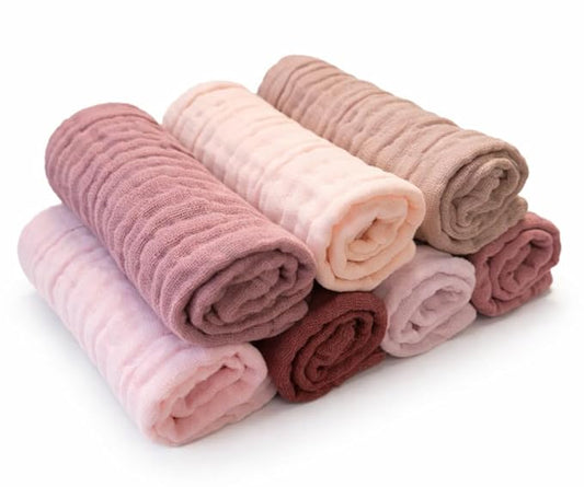 Baby Washcloths, 7-Pack, 100% Cotton Soft Absorbent, 6-Layer Muslin Wash Cloths and Face Towels, Baby Bath Essentials for Newborns, Babies and Toddlers, 12x12 inches (Pink)
