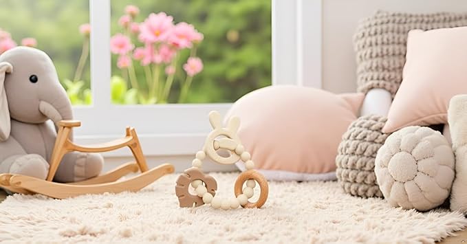 | Bohemian Teether | Baby Teether | Sensory Exploration and Teething Relief | 100% Food-Grade Silicone Teether Toy | BPA Free | Chewbeads | Silicone with Beechwood Ring | (Tan)
