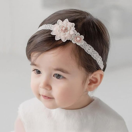 Baby Girl Headband White Lace Hairband Elastics Flower Head Wrap Hair Accessories Gift for Newborn Infant Toddlers Kids Baptism Shower Gift Birthday Wedding Party (Style 6)