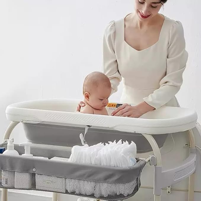 PandaEar 2-in-1 Baby Bathtub & Changing Table, Adjustable Height Folding Diaper Station Waterproof Pad with Storage Rack & Wheels, Baby Bath Tub with Thermometer