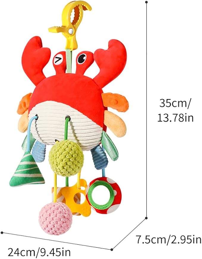 Crab Car Seat & Stroller Toy for Babies 0-12 Months, Sensory Hanging Toy with Rattle, Mirror, Squeaker, BPA-Free Pull Strings, Fine Motor Skills Baby for Newborn Infant Boy Girl