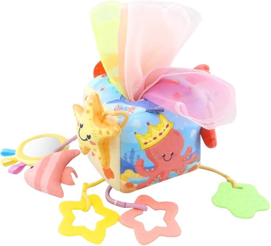 Caterbee Baby Sensory Tissue Box Toy with Hanging Hook – Pull Out Fabric Tissues, Rattle & Teether, Montessori Stroller & Car Seat Toy for Infants (Ocean)