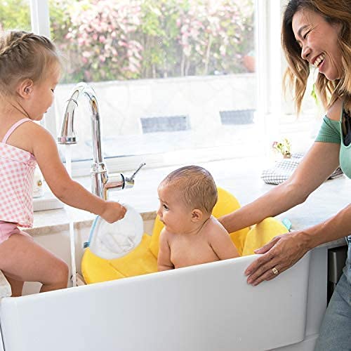 Blooming Bath Poppy Flower Bath Mat - Sink Bathtub Cushion for Baby - Plush Minky Fabric for Newborn to 6 Months - Washer-Safe Infant Newborn Essentials - Baby Shower Gifts for New Mom (Yellow/Brown)