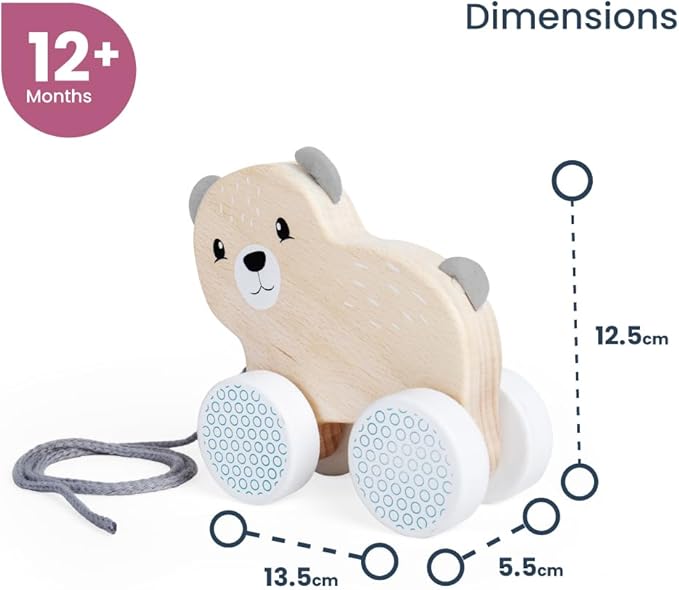Bigjigs Toys FSC Certified Bear Pull Along Toy - Eco-Friendly Wooden Bear with Felt Ears & Tail and Grey Pull Cord, Quality Pull Along Toys for 1 Year Olds, Wooden Baby Toys