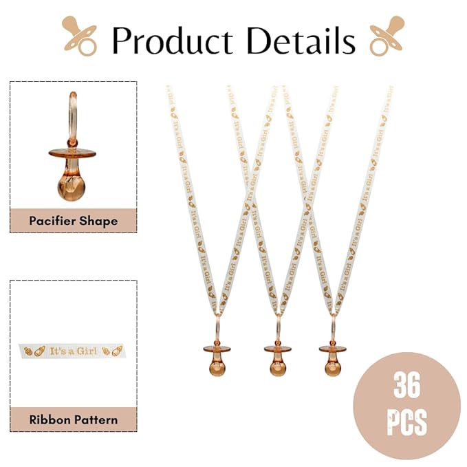 36 Pieces It's a Girl Baby Shower Pacifiers Necklace Acrylic Baby Party Favors Charm Pacifiers Necklace Grosgrain Ribbon Party Decorations Table Scatter (Tan)