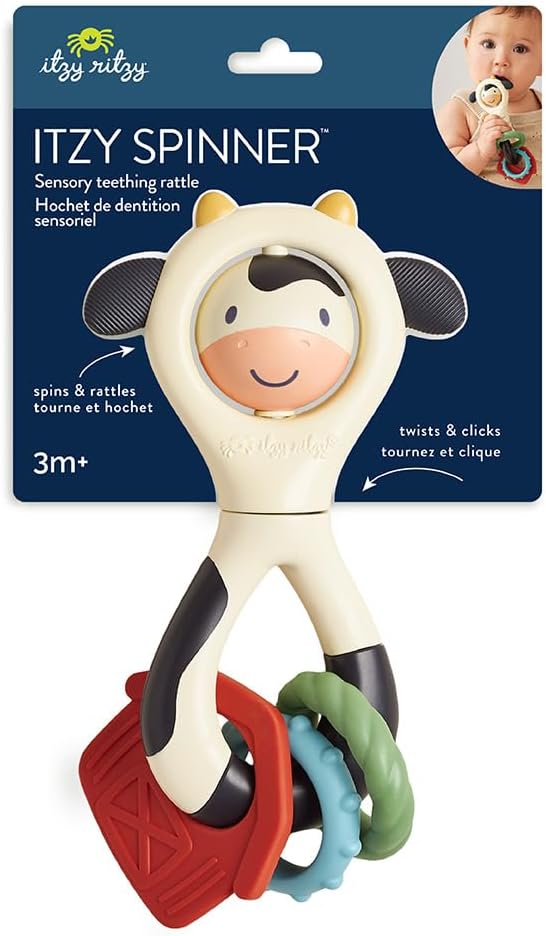 Itzy Ritzy Spinner Rattle Toy – Cow Design Sensory Teething Rattle Includes Spinning Face, Clicks, Rattles & Textured Teethers – Designed for Ages 3 Months and Up (Cow)